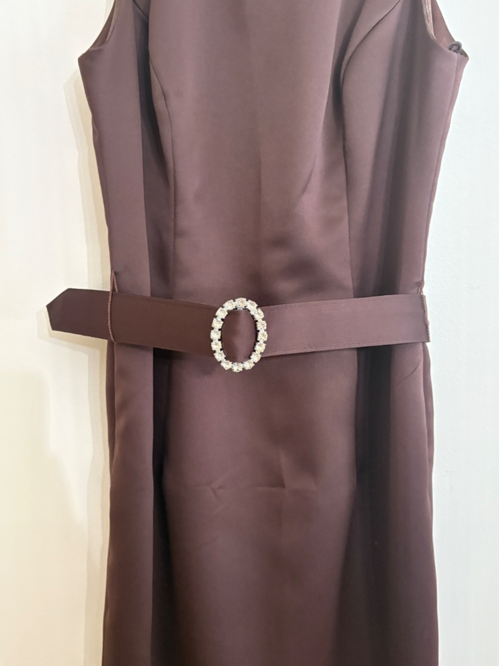 1990s JIM HJELM OCCASIONS Formal Brown Satin Tea-length Dress - Size 6 - Picture 4 of 15